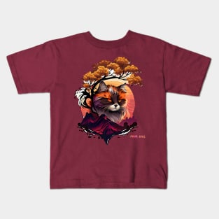 Anime Cat in Glowing Red Japanese Mountains Kids T-Shirt